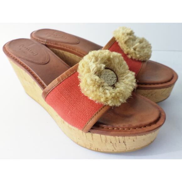 COACH JAZMIN PLATFORM WEDGE RED CANVAS & BROWN LEATHER SLIDE SANDAL SHOE US 9M - Picture 1 of 8